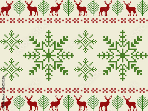 Festive Christmas cross-stitch border with reindeer, trees and snowflakes. Ideal for holiday cards, winter textiles,ugly sweaters and seasonal digital crafts
