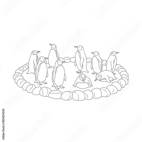 Penguin gathering grayscale illustration, arctic wildlife stone circle design
