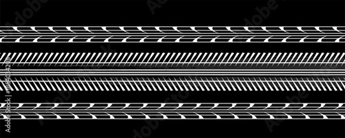 Grunge tire tracks, wheel braking marks. Truck, car or motorcycle tread pattern silhouettes. Auto race, motorsport, speed racing design element. Vector illustration