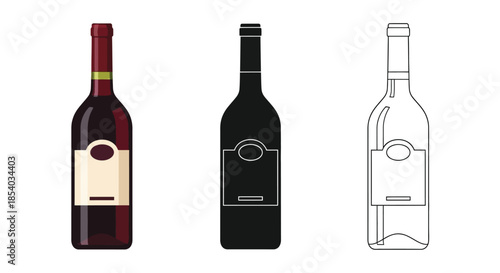 Three wine bottles in varying styles color silhouette and outline