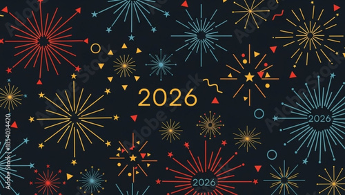 Colorful fireworks exploding with 2026 text on black background, new year celebration illustration