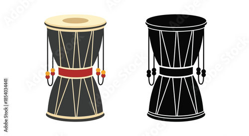 Illustration of two traditional dhol drums one in color and one in monochrome