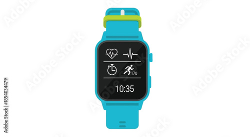 A turquoise smartwatch displays health metrics time and a modern design