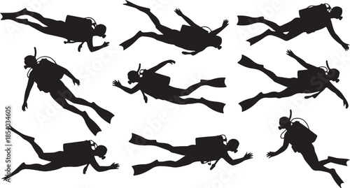 Dynamic silhouettes of professional scuba divers swimming and exploring aquatic environments