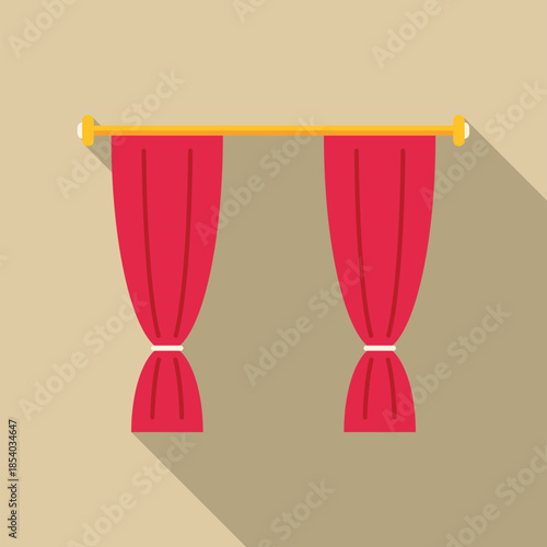 Two red curtains with long shadows on a beige background, pulled back with white ties