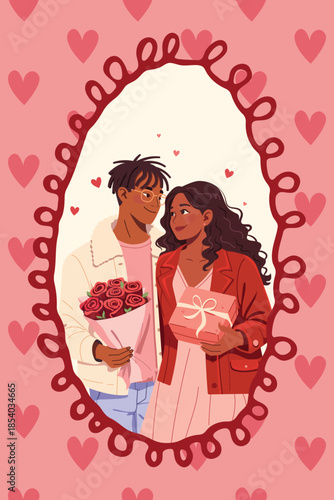 Cute Valentine Day postcards 14 February greeting cards templates with couple in love in decorative pink frames with hearts, ribbons and stripes. Flat vector illustrations.