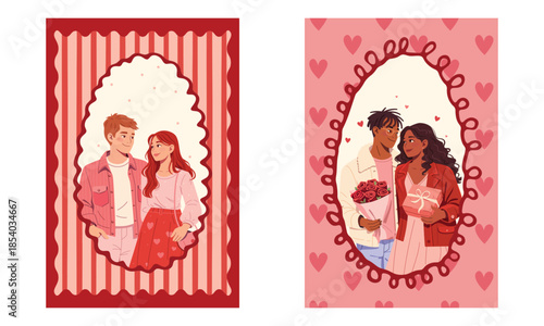 Set of Valentine Day postcards. 14 February greeting cards templates with couple in love in decorative pink frames with hearts, ribbons and stripes. Flat vector illustrations.