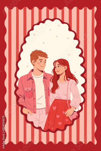 Cute Valentine Day postcards 14 February greeting cards templates with couple in love in decorative pink frames with hearts, ribbons and stripes. Flat vector illustrations.