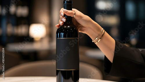 A refined hand delicately holds a sleek, dark wine bottle with an empty black label, poised in a high-end restaurant or bar setting, emphasizing luxury and service