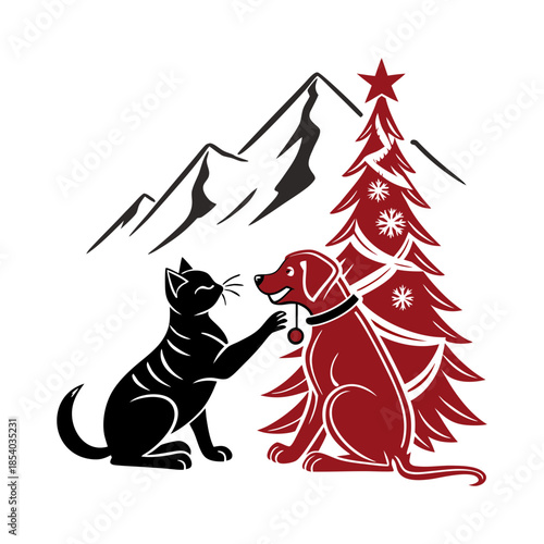 Cat and dog admiring christmas tree