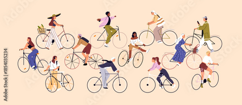 Crowd of bicyclists is cycling. Happy people ride a bike outdoors. Bicycle riders are at walking. Lots of cyclists drive, carry bags and have fun in summer. Flat isolated vector illustration.