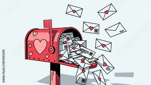 Red mailbox overflowing with love letters and envelopes with hearts, illustration of affectionate correspondence and postal delivery