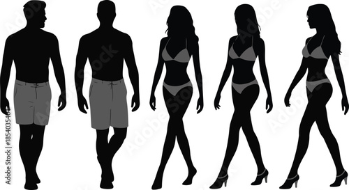 Full body silhouettes of men in shorts and women in bikinis walking