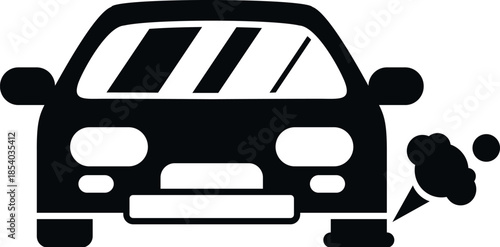 Front view of an automobile emitting dark fumes from its exhaust pipe