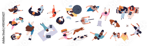 People top view set. Seen above head men and women are cycling, walking, in a hurry. Overhead of citizens' crowd: characters run, stroll dogs, do sport. Flat isolated vector illustrations on white.