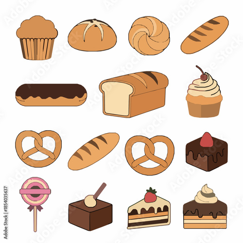 Cute bakery sweets flat vector illustration set with pastry bread and candy elements on white background