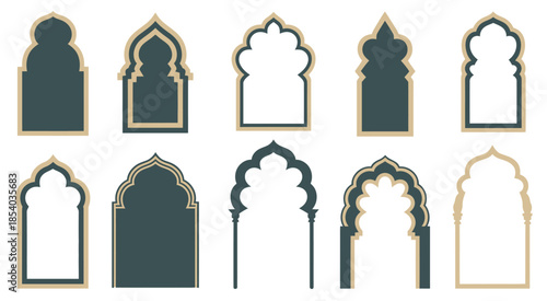 Islamic and moroccan arch designs, diverse shapes and intricate patterns with rich color palettes, perfect for decorative artwork, architectural concepts, digital graphics, cultural branding, 
