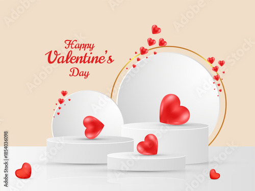 3D Valentine product display pedestal podium background design with lots of hearts and gift box, Vector Illustration.