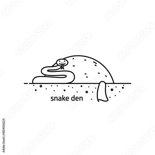 Stylized line art illustration depicting a snake resting near its den