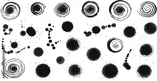 Abstract ink splatter and paint swirl elements collection featuring grunge circles, drops, and brush textures isolated on white background