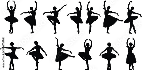 Ballet dancer silhouette collection showing elegant classical dance poses, black vector illustrations isolated on white background for design use