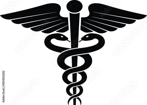 Caduceus medical symbol with winged staff and intertwined snakes, healthcare medicine emblem isolated on white background vector illustration