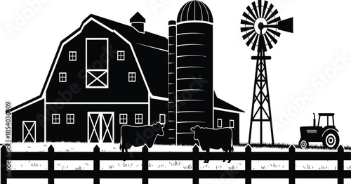 Rural farm silhouette with barn, silo, windmill, tractor, and cattle, black vector countryside agriculture scene isolated on white background