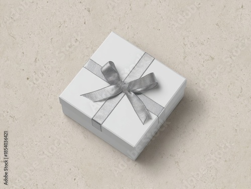 Ultra realistic close up of a gift box with silver ribbon for celebrations