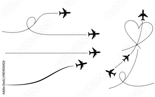 Airplanes flying in various formations and trajectories