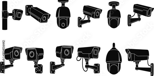 Security camera silhouette icon set including CCTV, surveillance systems, and monitoring devices, black vector illustrations isolated on white background