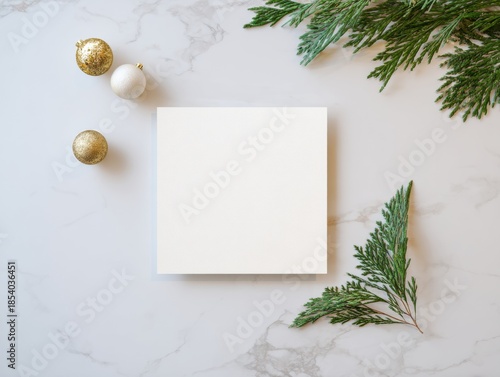 Ultra realistic flat lay with blank card and Christmas decor on marble background