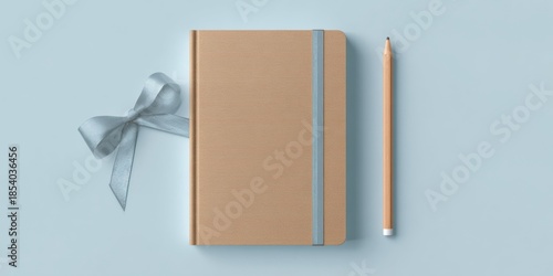 Elegant flat lay of a notebook with pencil on blue background for stationery design