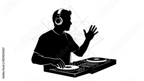Black DJ Silhouette Vector Showing Handle Dials Cross-Fade Hand Up and Headphone Check Poses