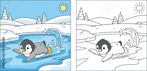Cute cartoon penguin sliding on ice and making a splash, happy baby animal swimming in winter landscape with snow and sun, vector illustration for kids.