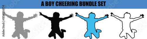 Boy Jumping Silhouette Illustration in Minimal Black and White Style. Happy Boy Jumping Line Art Outline Vector Illustration. Active Boy Jumping Dotted Art Vector Minimal Motion Concept