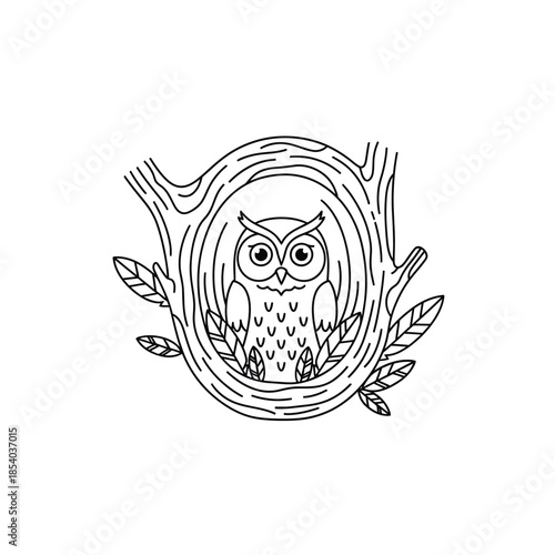 Whimsical line art of owl peering from tree hollow with leaves illustration