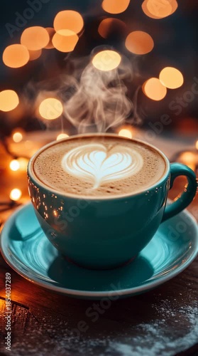 Steaming latte art with bokeh lights