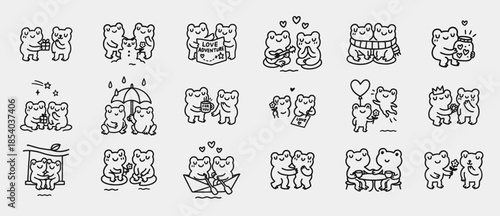 set of frogs pairs in tender moments—gentle gestures in a cozy grid of storybook love and playful devotion, doodle vector