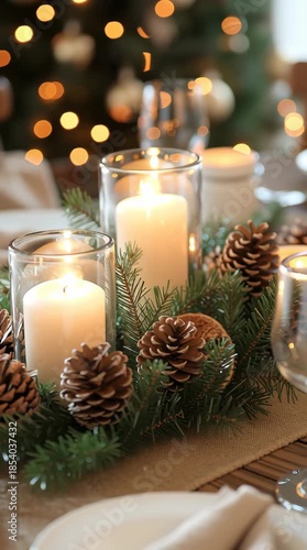 Elegant candlelit holiday dining table with pinecones 