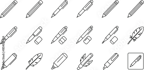 Pencil and pen outline icon set with writing drawing and stationery tools for education office and creative design