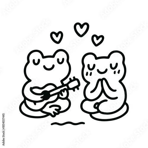 Frog serenade with clasped hands—gentle harmony in a cozy swirl of musical affection and storybook charm, doodle vector
