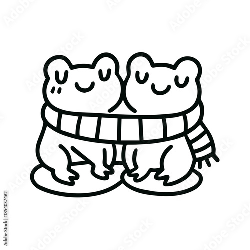 Cute frogs sharing a striped scarf illustration for Valentine’s Day greeting cards, romantic posters, and cozy winter designs, doodle vector