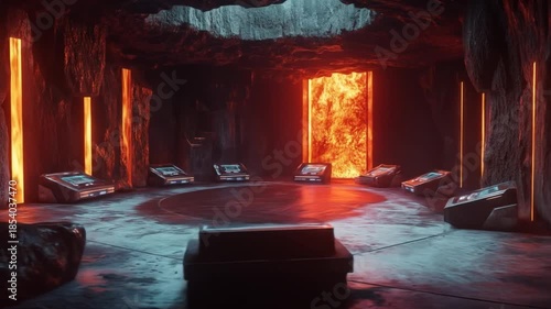 Mysterious cavern interior with glowing portal and technology panels