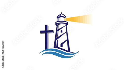 Lighthouse beacon shining bright with cross on ocean waves