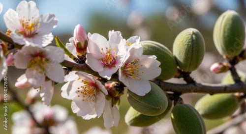 Almond blossoms with green almonds on a blurred background.
