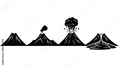 Black Volcano Silhouette Vector Showing Cone Calm Smoke Puff Eruption and Wide Lava Flow