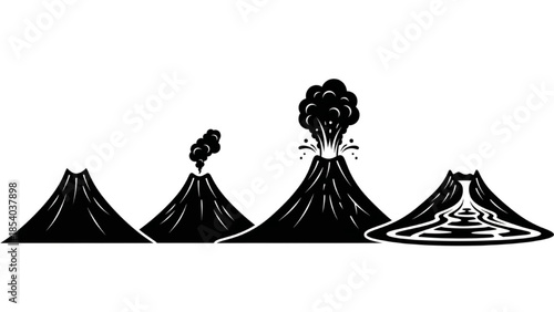 Black Volcano Silhouette Vector Showing Cone Calm Smoke Puff Eruption and Wide Lava Flow