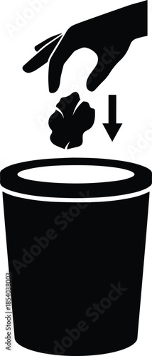 Close up Silhouette of Hand Dropping Waste into Trash Opening Icon.