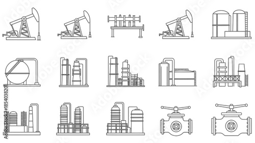 Line Art Oil and Gas Industry Infrastructure Icons Set, isolated white background