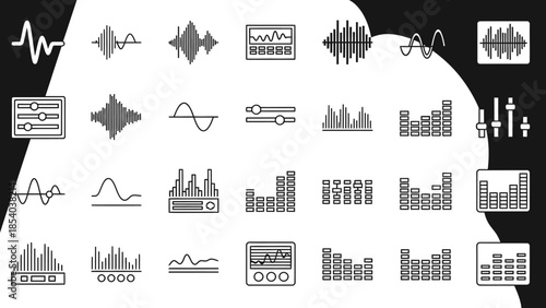 Comprehensive Collection of Sound Wave Audio Equalizer and Volume Icons, in bright studio